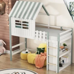 Lit Mezzanine enfant 90x200 cm - Lit Cabane avec Échelle de Sécurité, Rangement Intégré, Bois Massif MDF, Vert, Sans Matelas>Okwish Best