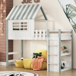 Lit Mezzanine enfant 90x200 cm - Lit Cabane avec Échelle de Sécurité, Rangement Intégré, Bois Massif MDF, Vert, Sans Matelas>Okwish Best
