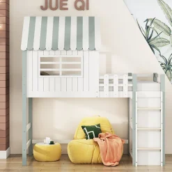 Lit Mezzanine enfant 90x200 cm - Lit Cabane avec Échelle de Sécurité, Rangement Intégré, Bois Massif MDF, Vert, Sans Matelas><noscript><img width=
