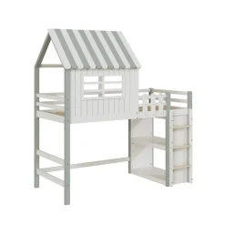 Lit Mezzanine enfant 90x200 cm - Lit Cabane avec Échelle de Sécurité, Rangement Intégré, Bois Massif MDF, Vert, Sans Matelas><noscript><img width=