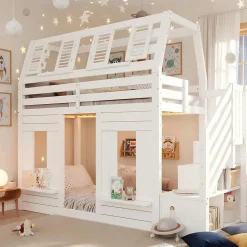 Lit mezzanine enfant 90x200cm avec LED - Barrières de sécurité et échelle de rangement - MDF + Bois massif - Blanc (sans matelas)>ModernLuxe Best