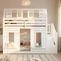 Lit mezzanine enfant 90x200cm avec LED - Barrières de sécurité et échelle de rangement - MDF + Bois massif - Blanc (sans matelas)>ModernLuxe Best
