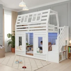Lit mezzanine enfant 90x200cm avec LED - Barrières de sécurité et échelle de rangement - MDF + Bois massif - Blanc (sans matelas)><noscript><img width=