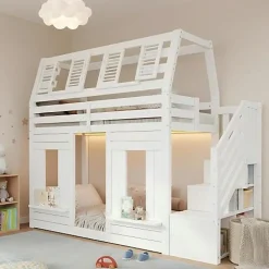 Lit mezzanine enfant 90x200cm avec LED - Barrières de sécurité et échelle de rangement - MDF + Bois massif - Blanc (sans matelas)><noscript><img width=