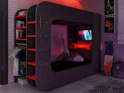 Lit mezzanine gamer 90 x 200 cm - Avec bureau et rangements - Avec LEDs - Anthracite et rouge - WARRIOR>Vente-unique Best