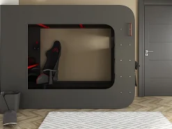 Lit mezzanine gamer 90 x 200 cm - Avec bureau et rangements - Avec LEDs - Anthracite et rouge - WARRIOR><noscript><img width=