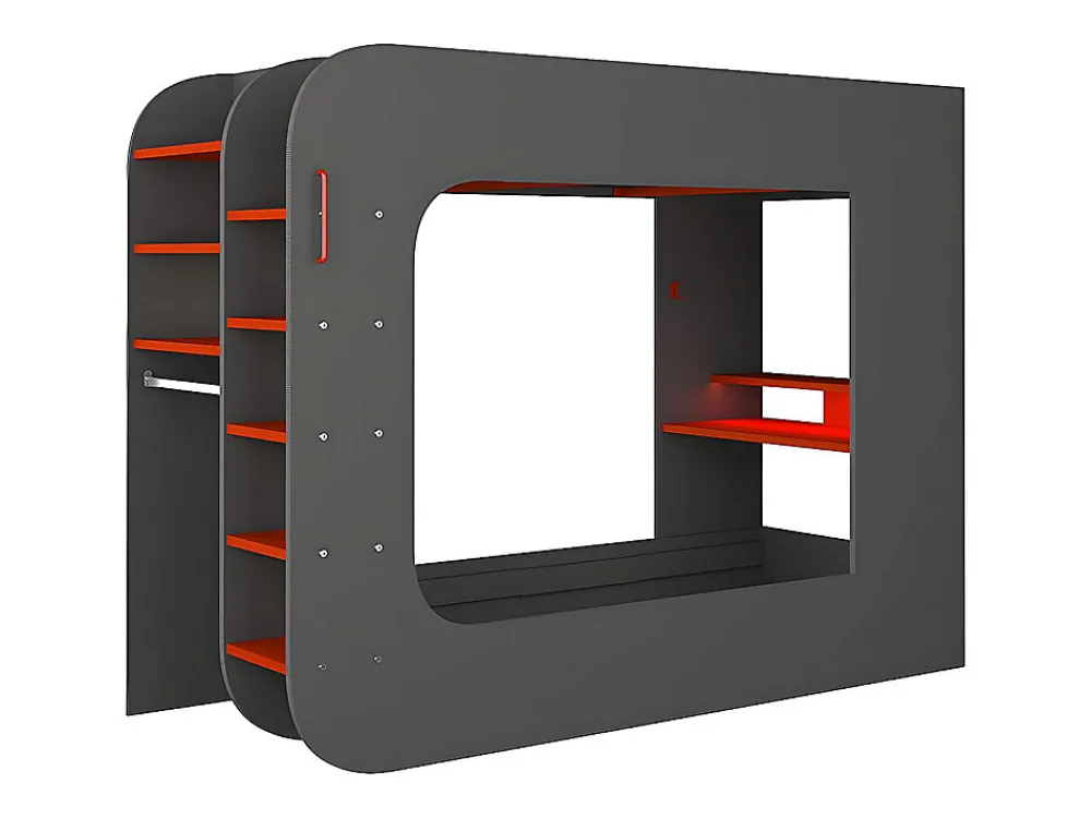 Lit mezzanine gamer 90 x 200 cm - Avec bureau et rangements - Avec LEDs - Anthracite et rouge - WARRIOR>Vente-unique Best