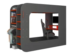 Lit mezzanine gamer 90 x 200 cm - Avec bureau et rangements - Avec LEDs - Anthracite et rouge - WARRIOR><noscript><img width=