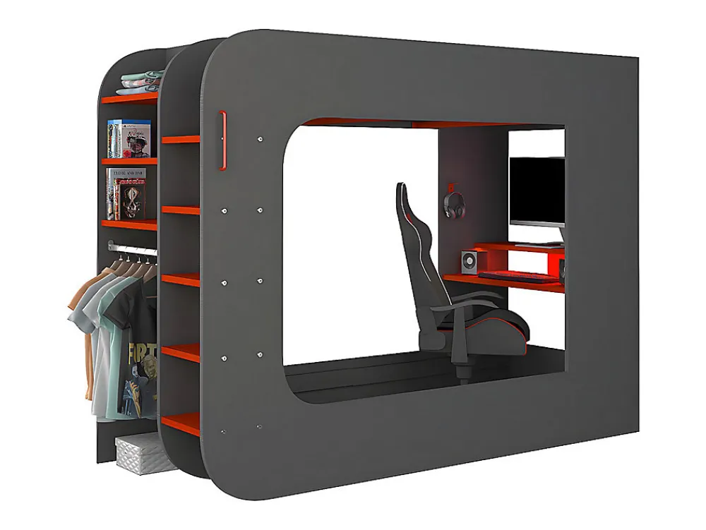 Lit mezzanine gamer 90 x 200 cm - Avec bureau et rangements - Avec LEDs - Anthracite et rouge - WARRIOR>Vente-unique Best