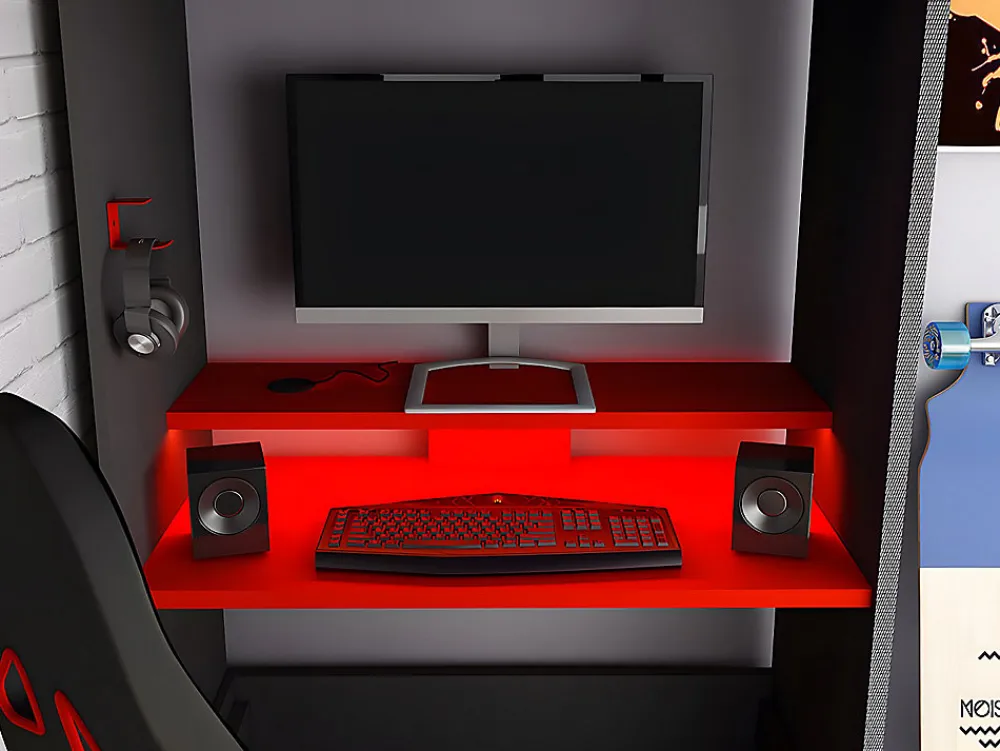 Lit mezzanine gamer 90 x 200 cm - Avec bureau et rangements - Avec LEDs - Anthracite et rouge - WARRIOR>Vente-unique Best