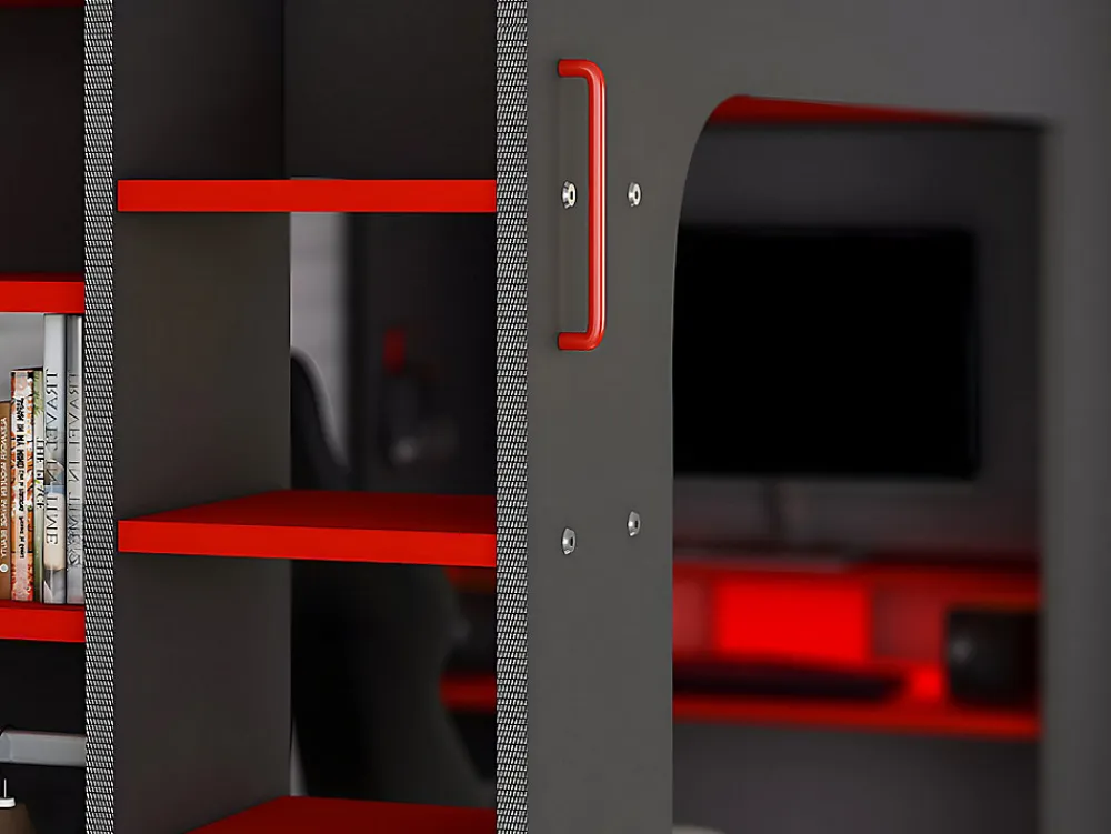 Lit mezzanine gamer 90 x 200 cm - Avec bureau et rangements - Avec LEDs - Anthracite et rouge - WARRIOR>Vente-unique Best