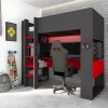 Vente-unique Lit mezzanine gamer NOAH avec bureau et rangements intégrés - 90 x 200 cm - Avec LEDs - Anthracite et rouge* Lit Mezzanine