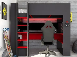 Vente-unique Lit mezzanine gamer NOAH avec bureau et rangements intégrés - 90 x 200 cm - Avec LEDs - Anthracite et rouge* Lit Mezzanine