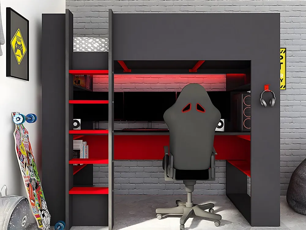 Vente-unique Lit mezzanine gamer NOAH avec bureau et rangements intégrés - 90 x 200 cm - Avec LEDs - Anthracite et rouge* Lit Mezzanine