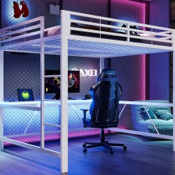 Lit mezzanine gaming en métal 160x200cm - avec bureau - avec éclairage LED et port de chargement USB - Blanc(sans matelas)>ModernLuxe Discount