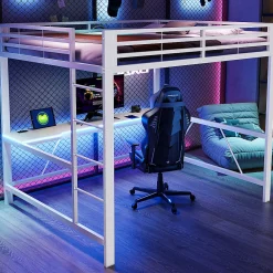 Lit mezzanine gaming en métal 160x200cm - avec bureau - avec éclairage LED et port de chargement USB - Blanc(sans matelas)>ModernLuxe Discount