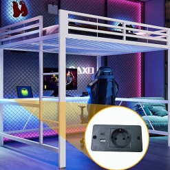 Lit mezzanine gaming en métal 160x200cm - avec bureau - avec éclairage LED et port de chargement USB - Blanc(sans matelas)><noscript><img width=