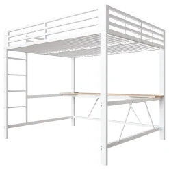 Lit mezzanine gaming en métal 160x200cm - avec bureau - avec éclairage LED et port de chargement USB - Blanc(sans matelas)><noscript><img width=