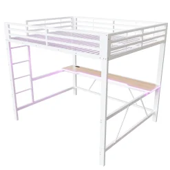 Lit mezzanine gaming en métal 160x200cm - avec bureau - avec éclairage LED et port de chargement USB - Blanc(sans matelas)><noscript><img width=