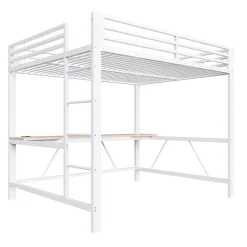 Lit mezzanine gaming en métal 160x200cm - avec bureau - avec éclairage LED et port de chargement USB - Blanc(sans matelas)><noscript><img width=