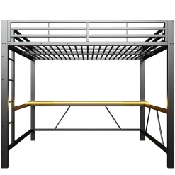 ModernLuxe Lit mezzanine gaming en métal 160x200cm - avec bureau - avec éclairage LED et port de chargement USB - Noir(sans matelas)* Lit Mezzanine