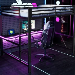 ModernLuxe Lit mezzanine gaming en métal 160x200cm - avec bureau - avec éclairage LED et port de chargement USB - Noir(sans matelas)* Lit Mezzanine