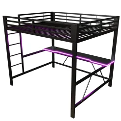 ModernLuxe Lit mezzanine gaming en métal 160x200cm - avec bureau - avec éclairage LED et port de chargement USB - Noir(sans matelas)* Lit Mezzanine