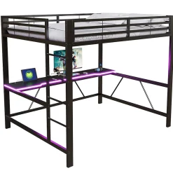 ModernLuxe Lit mezzanine gaming en métal 160x200cm - avec bureau - avec éclairage LED et port de chargement USB - Noir(sans matelas)* Lit Mezzanine