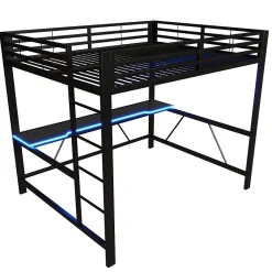 ModernLuxe Lit mezzanine gaming en métal 160x200cm - avec bureau - avec éclairage LED et port de chargement USB - Noir(sans matelas)* Lit Mezzanine