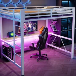 Lit mezzanine gaming en métal 140x200cm - avec bureau - avec éclairage LED et port de chargement USB - Blanc(sans matelas)>ModernLuxe Outlet
