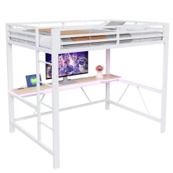Lit mezzanine gaming en métal 140x200cm - avec bureau - avec éclairage LED et port de chargement USB - Blanc(sans matelas)><noscript><img width=