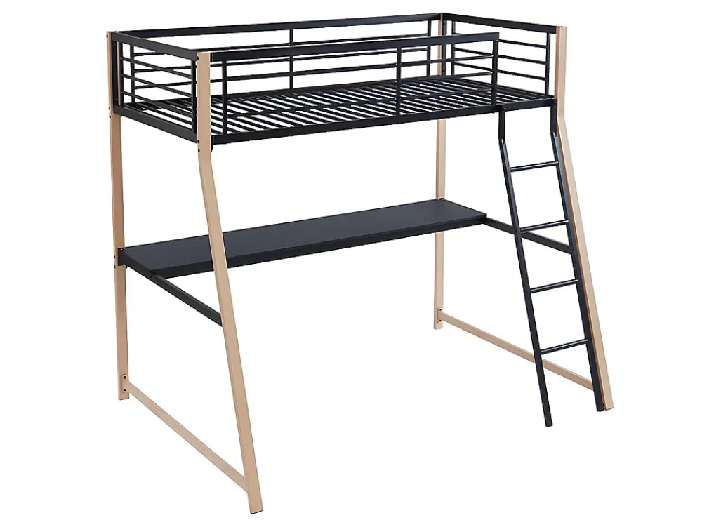 Vente-unique Lit mezzanine MALICIA - 90 x 190 cm - bureau intégré - Noir et chêne + matelas* Lit Mezzanine