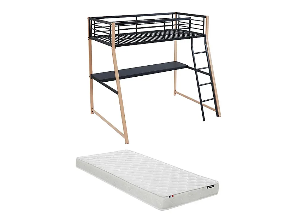 Vente-unique Lit mezzanine MALICIA - 90 x 190 cm - bureau intégré - Noir et chêne + matelas* Lit Mezzanine