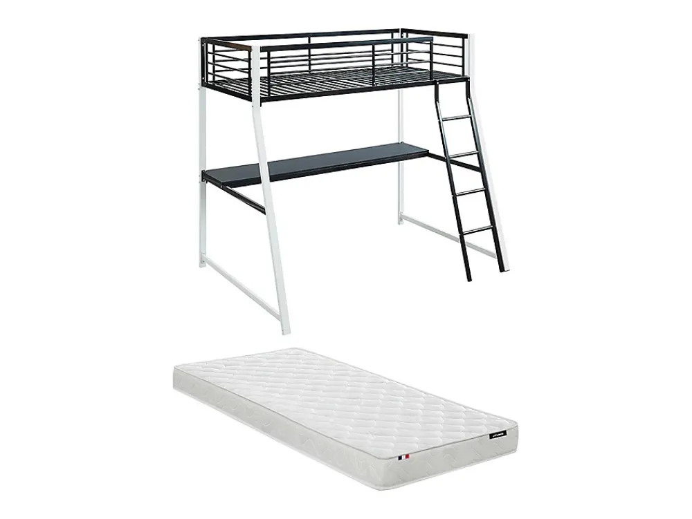 Vente-unique Lit mezzanine MALICIA - 90 x 190 cm - bureau intégré - Noir et blanc + matelas* Lit Mezzanine
