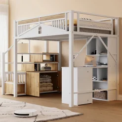 Okwish Lit Mezzanine Métal 140x200 cm avec Fenêtre et Garde-Corps - Blanc, Sans Matelas* Lit Mezzanine