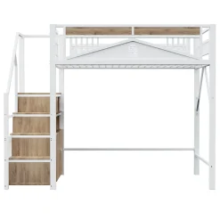 Okwish Lit Mezzanine Métal 140x200 cm avec Fenêtre et Garde-Corps - Blanc, Sans Matelas* Lit Mezzanine