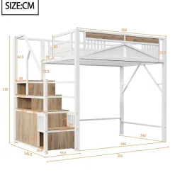 Okwish Lit Mezzanine Métal 140x200 cm avec Fenêtre et Garde-Corps - Blanc, Sans Matelas* Lit Mezzanine
