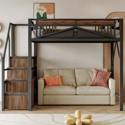 Lit Mezzanine Métal 140x200 cm avec Fenêtre et Garde-Corps - Noir, Sans Matelas>Okwish Hot