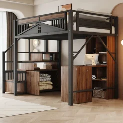 Lit Mezzanine Métal 140x200 cm avec Fenêtre et Garde-Corps - Noir, Sans Matelas><noscript><img width=