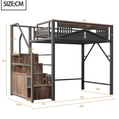 Lit Mezzanine Métal 140x200 cm avec Fenêtre et Garde-Corps - Noir, Sans Matelas><noscript><img width=