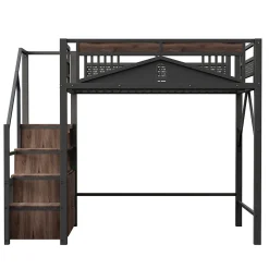 Lit Mezzanine Métal 140x200 cm avec Fenêtre et Garde-Corps - Noir, Sans Matelas><noscript><img width=