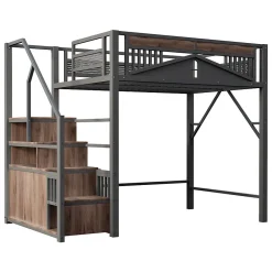 Lit Mezzanine Métal 140x200 cm avec Fenêtre et Garde-Corps - Noir, Sans Matelas><noscript><img width=