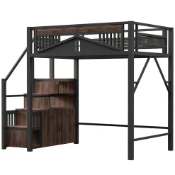 Lit Mezzanine Métal 140x200 cm avec Fenêtre et Garde-Corps - Noir, Sans Matelas><noscript><img width=