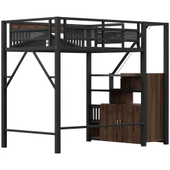 Lit Mezzanine Métal 140x200 cm avec Fenêtre et Garde-Corps - Noir, Sans Matelas><noscript><img width=