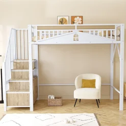 Okwish Lit Mezzanine Métal 90x200 cm avec Fenêtre Sécurisée et Escalier de Rangement - Métal Blanc* Lit Mezzanine