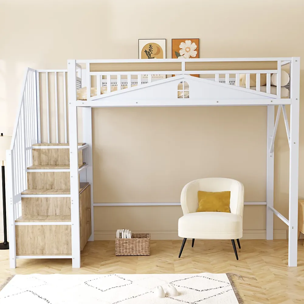 Okwish Lit Mezzanine Métal 90x200 cm avec Fenêtre Sécurisée et Escalier de Rangement - Métal Blanc* Lit Mezzanine