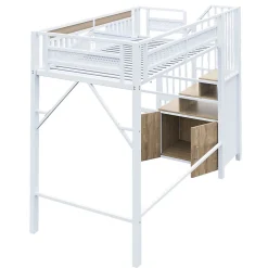 Okwish Lit Mezzanine Métal 90x200 cm avec Fenêtre Sécurisée et Escalier de Rangement - Métal Blanc* Lit Mezzanine