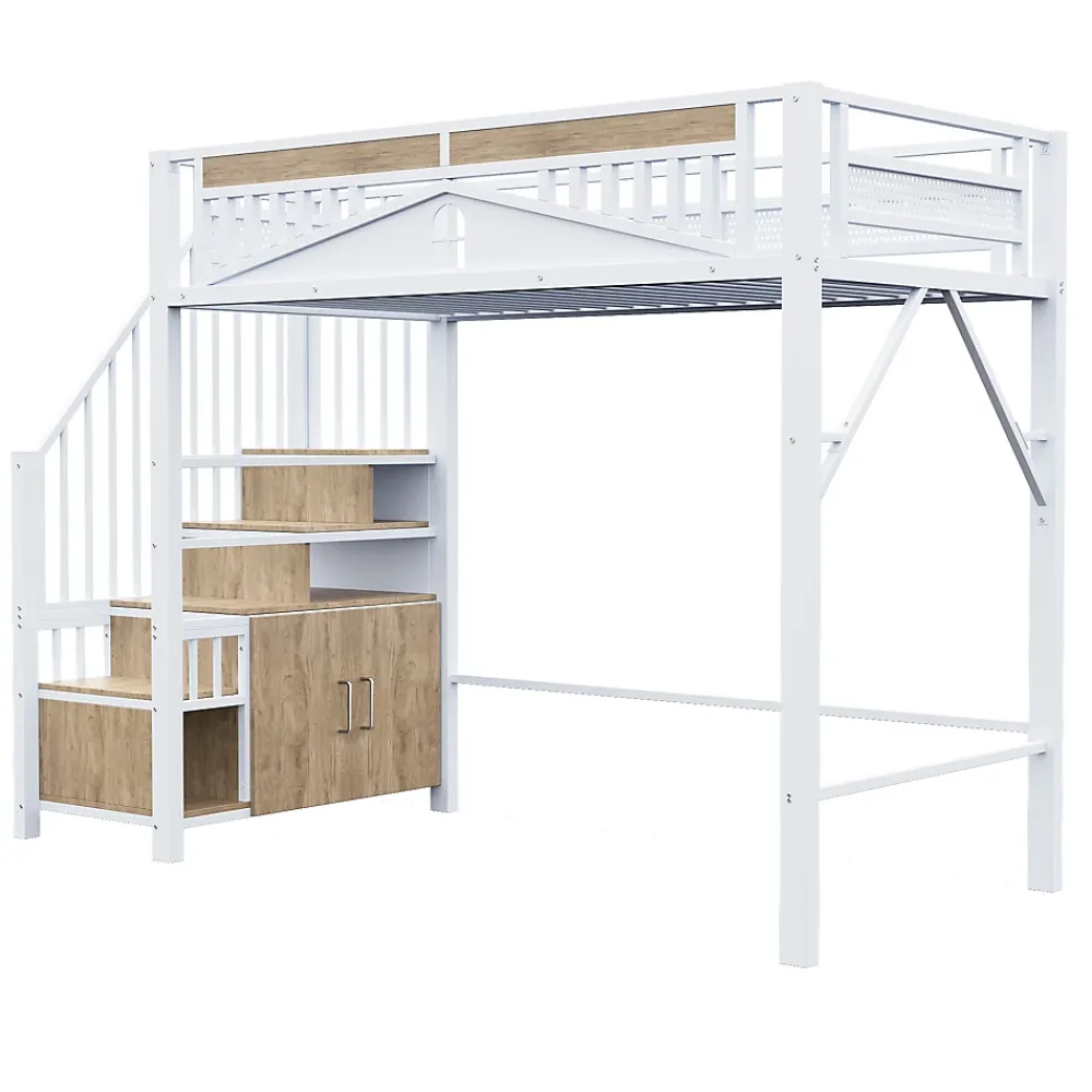 Okwish Lit Mezzanine Métal 90x200 cm avec Fenêtre Sécurisée et Escalier de Rangement - Métal Blanc* Lit Mezzanine