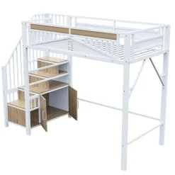 Okwish Lit Mezzanine Métal 90x200 cm avec Fenêtre Sécurisée et Escalier de Rangement - Métal Blanc* Lit Mezzanine