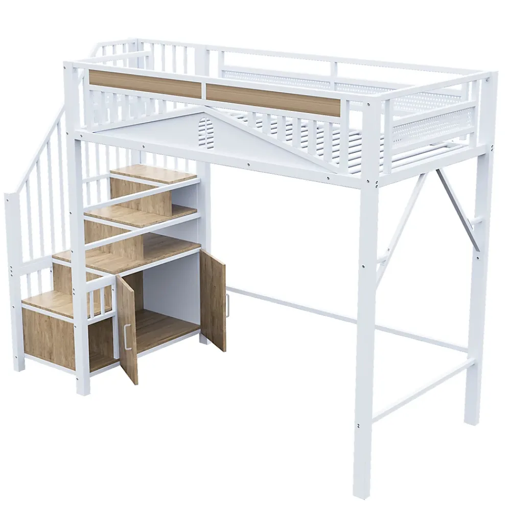 Okwish Lit Mezzanine Métal 90x200 cm avec Fenêtre Sécurisée et Escalier de Rangement - Métal Blanc* Lit Mezzanine